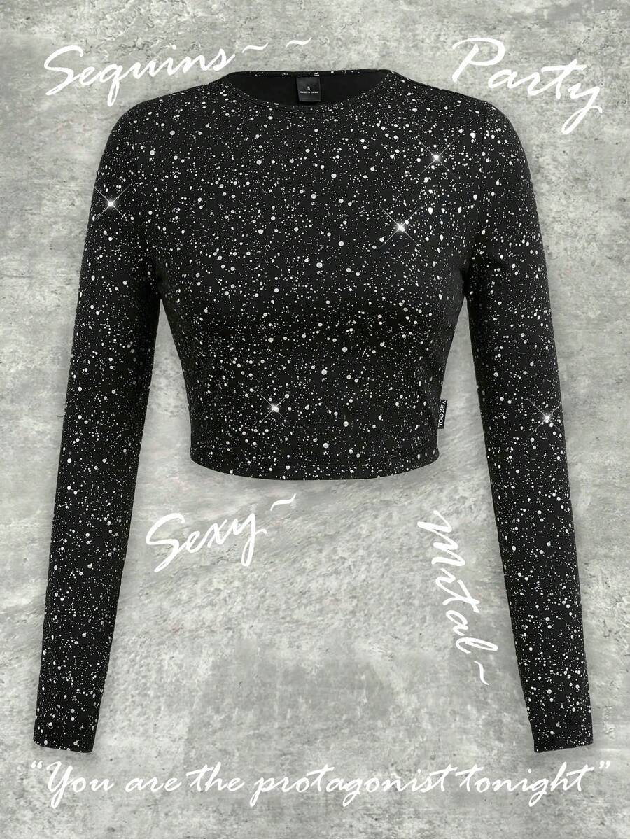 Y2Kool Maglietta a maniche lunghe aderente con stampa a pois in lamina argento, adatta per feste, Ognissanti, streetwear in stile Y2K, collezione di abbigliamento casual e alla moda per autunno/inverno, outfit per Capodanno, top grafici Gyaru, top neri