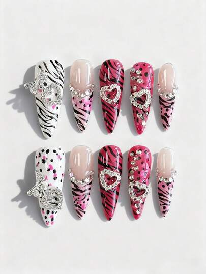 ROMWE J-Fashion 10 片高品质手绘性感风格爱心波点蝴蝶结和老虎图案元素假指甲片 + 3 片双面胶带，可重复使用的 Y2K 贴纸钻石长杏仁形盔甲，适合节日派对、舞会和日常佩戴。