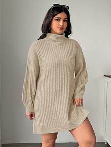 SHEIN EZwear 大码高领宽松粗针织灯笼袖毛衣连衣裙，秋冬款 - 杏色 - 查看 6
