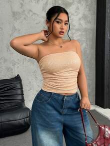 SHEIN EZwear 大码女式金色亮片褶皱抹胸上衣，适合秋冬季、圣诞节、新年、感恩节、派对、婚礼、海滩、毕业典礼等场合，时尚优雅，休闲百搭，适合外出、约会、预约、通勤等各种场合。Y2K风格抹胸上衣，皮革抹胸上衣，带衬垫抹胸上衣，性感百搭，适合秋冬季、圣诞节、新年、感恩节、派对、婚礼、海滩、毕业典礼等各种场合，时尚优雅，休闲百搭，适合外出、约会、预约、通勤等各种场合。 - 金色 - 查看 9