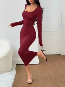 SHEIN PETITE 女士秋冬基础款针织灰色修身方领长袖连衣裙 - 酒紅色 - 查看 8