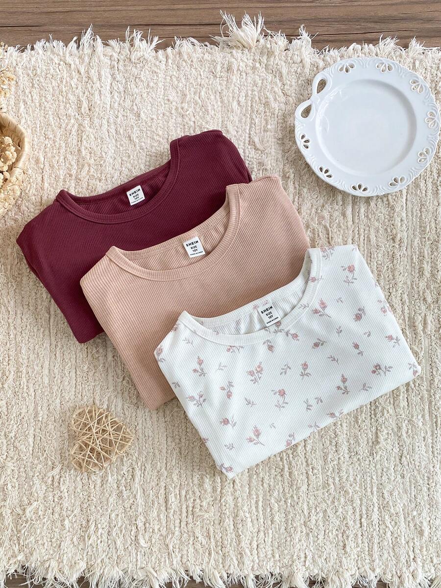 SHEIN 3 Stücke/Set Mädchen elegantes Blümchen-Rippstrick-Unterhemd-Set mit Rundhalsausschnitt und Langarm, Rosa, Nude & Weiß