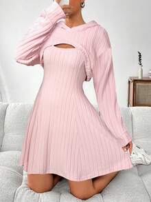 SHEIN EZwear 女士休闲纯色连帽上衣和连衣裙两件套，秋季 - 粉色 - 查看 4
