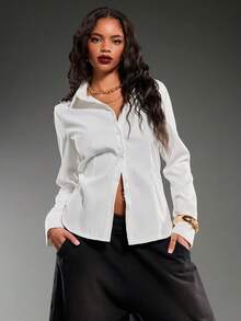 Normani Women's Casual Solid Color Drawstring Single-Breasted Shirt - White - View 5