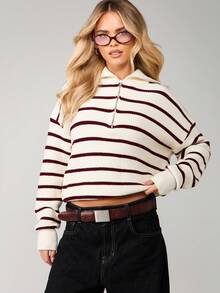 MISSGUIDED Jersey de media cremallera a rayas con mangas largas para uso casual en invierno - Albaricoque - Ver 4