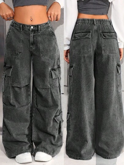SHEIN Loose Fit Multi-Pocket Denim Jeans For Teen Girls Baggy Cargo Jeans Cargo Pants For Women Teen Girl Cargo Jeans Y2k Baggy Jeans Grey Baggy Jeans