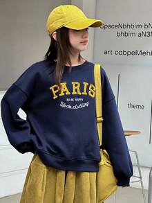 DAZY Tween Girls Crew Neck Knit Fleece Sweatshirt With Embroidered Letter - Navy Blue - View 2