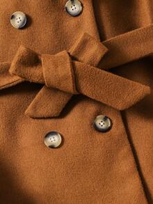 少女冬季时尚双排扣系带人造毛领袖口外套 - 棕色 - 查看 5