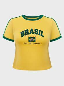 INAWLY Plus Size Color Block Round Neck T-Shirt With Flag And Letter Print, Short Sleeve, Summer Graphic Tees Women Tops,Brazil-Inspired Graphic Tee - Yellow - View 2