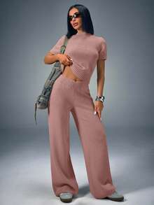 CasuGlow Women Comfy Cozy Drawstring Knit Top And Knit Short 2pcs Two Pieces Set - Dusty Pink - View 7