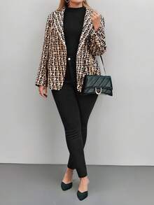 SHEIN Privé 大码女式秋季字母印花翻领长袖金属双排扣休闲西装外套 - 彩色 - 查看 6