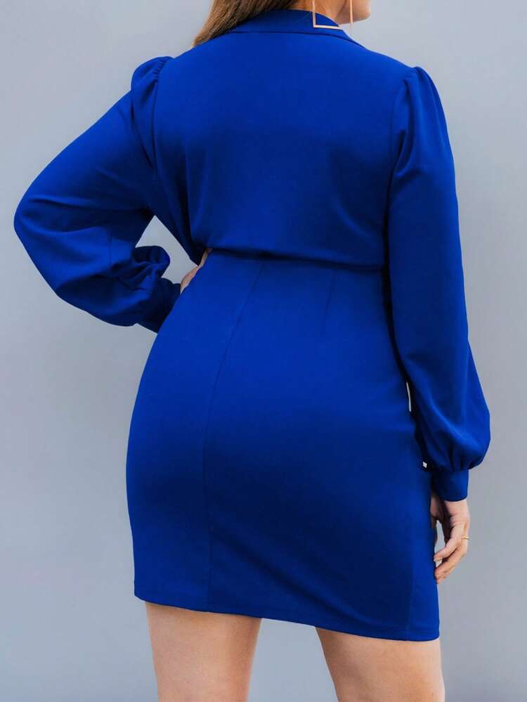 Plus Size Women Solid Color Collar Puff Sleeve Pleated Fitted Fashionable Dress