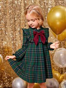 SHEIN Emery Rose Kids 女童优雅格子拼接蝴蝶结装饰荷叶边下摆宽松长袖连衣裙，适合圣诞节、秋冬季、派对、上学、日常休闲穿着