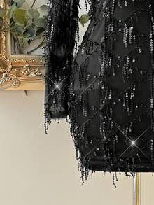 Lovelzi Elegant Black Sequin Tassel Fabric Long Sleeve Strapless Dress, Fashionable Dress For Wedding,Graduation Season,Cocktail Party&Vacation - Black - View 8