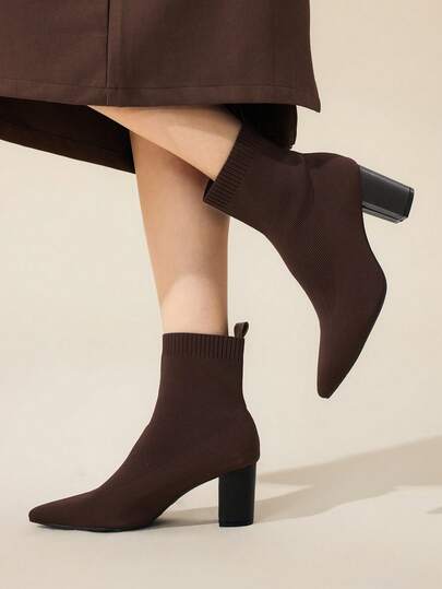 CUCCOO BASICS Botas de tobillo y botas cortas de mujer con puntera puntiaguda, tacón grueso de color café, elásticas de punto delgado, cómodas y transpirables para uso diario, citas y fiestas