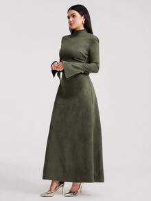 Veilorie Đầm dài tay ôm dáng màu trơn thanh lịch dành cho nữ - màu xanh lá - Xem 3