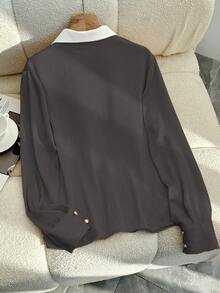 Franclia Elegant Fitted Front Button Down Collar Long Sleeve Gold Button Meteor Fabric Pink Women Blouse, Spring/Autumn