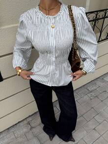Siren Gaze Casual Striped Waist Cinched Design Long Sleeve Women Blouse, Striped Blouse, Lantern Sleeve Blouse, Women Blouses Elegant, Puff Sleeve Blouse, Elastic Shirt,Suitable For Commuting,Button-Down Shirt, Business Casual Woman Blouse, Casual Work Tops,Suitable For Work, Commute And Vacation, Spring/Autumn,French Style Holiday Resort - Black and White - View 4
