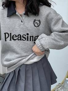 Dazy Kids 少女翻领撞色字母刺绣抓绒卫衣，秋冬季 - 灰色 - 查看 1