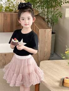 DAZY Set de 2 piezas - Camiseta de manga corta con estampado de estrella y falda de malla para niña, conjunto de verano para niñas