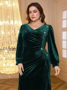 Modelyn New Women Velvet V-Neck Long Sleeve High-End Evening Dress, Elegant Quality For Autumn/Winter Maxi Women Outfit Long Evening Dresses