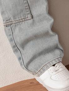 男童休闲宽松直筒撞色缝线工装牛仔裤 - 淺色水洗藍 - 查看 6