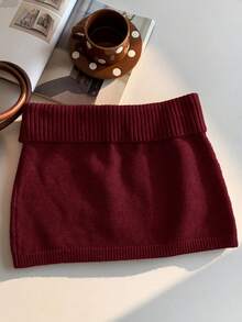 Comfortcana Women's Solid Color Knitted Ribbed Casual Versatile Sweater Skirt, Korean Style In Fall/Winter Women Skirts Red Maroon Skirt Burgundy Skirt Knit Skirt Women Skorts - Burgundy - View 2