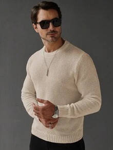 Manfinity Homme 男士休闲纯色圆领毛衣，秋冬季 - 杏色 - 查看 5
