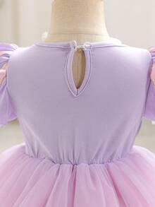 SHEIN Glamorique Kids 女嬰公主風網紗洋裝，紫色、粉色與白色條紋，夏季優雅蕾絲，生日花童派對婚禮穿搭 - 紫色 - 查看 4