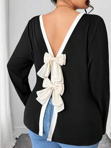 Elenzga Plus Size Women Casual Round Neck Long Sleeve T-Shirt With Bowknot Back - Black - View 5