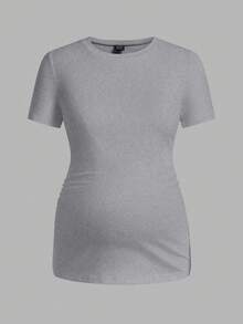 Modmama Plain Color Round Neck Short Sleeve Casual Maternity Top - Pink - View 12