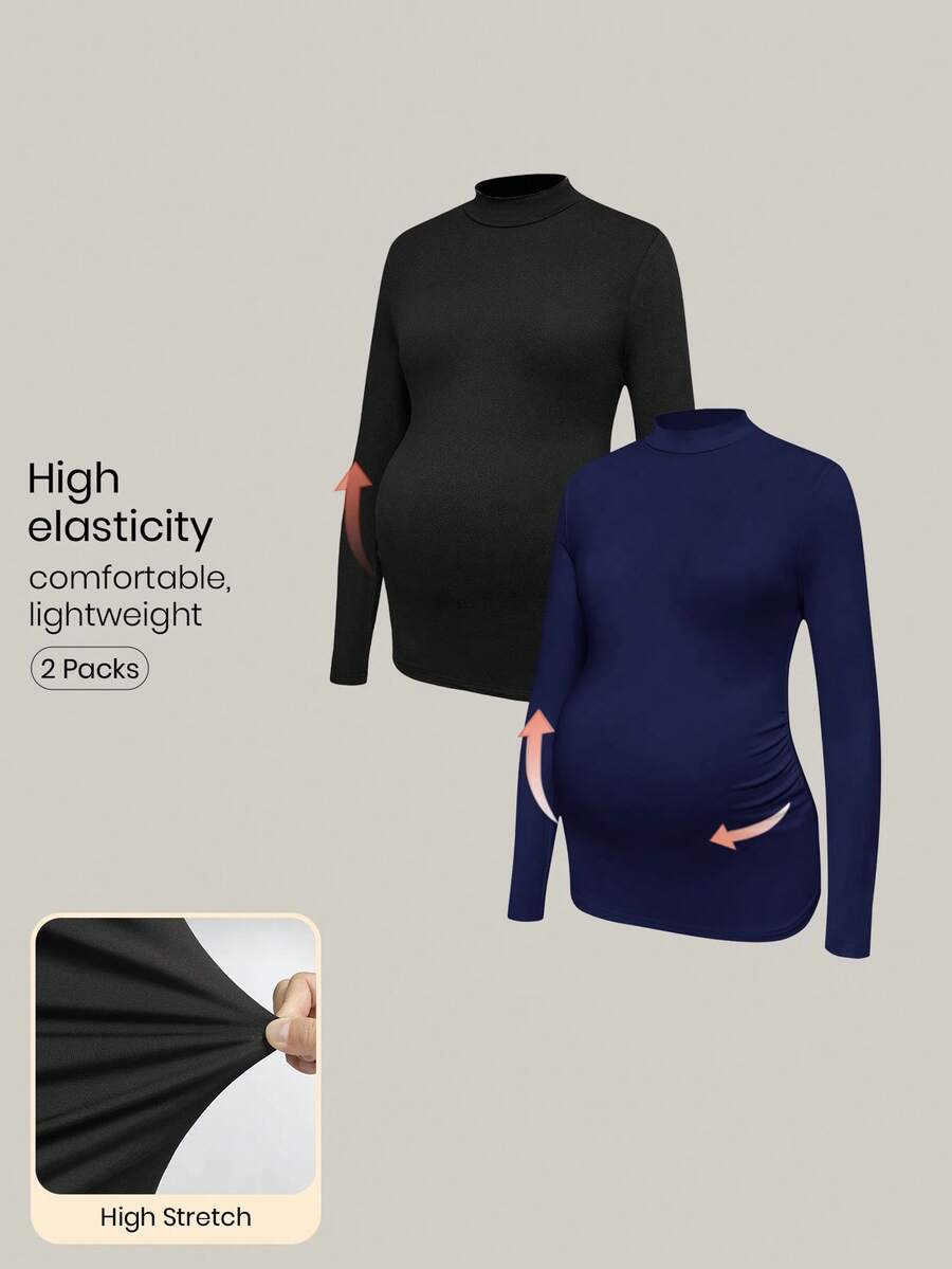 Modmama Maternity Solid Color Stand Collar Long Sleeve Pleated Slim Casual T-Shirt - Navy Blue - View 1