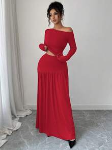 Elenzga Spring & Autumn Back To School New Brown Elastic Ribbed Relaxed Suit, Oblique Shoulder Design Pleated Fitted Long Sleeve T-Shirt + High Waist Pleated Flared Skirt 2 Piece Set For Women - Red - View 4