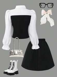 Sparklyn Conjunto de niña preadolescente con blusa de manga abullonada con cuello a cuadros y falda plisada con cintura elástica, estilo académico para primavera y otoño