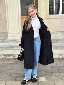 SHEIN Casaco longo folgado com gola dobrável e abotoamento duplo para meninas pré-adolescentes, estilo militar casual, ideal para ir ao trabalho e para atividades ao ar livre, perfeito para a volta às aulas.