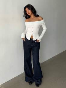 SHEIN MOOSTA Suéter sexy y versátil de manga larga con hombros descubiertos, de unicolor y con detalle de costillas - Albaricoque - Ver 3