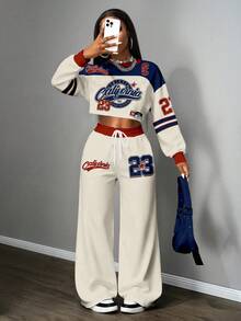 Slaydiva 2pcs Y2K/Streetwear Women Plus Size Two Pieces Set, California No.23 Print, Suitable For Fall/Winter Y2k Outfit 2 Piece Pants Set Y2k 2 Piece Set - Multicolor - View 5