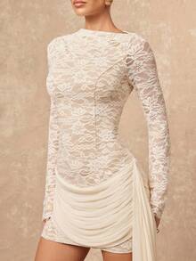 Lumalex 早春船领蕾丝喇叭袖网纱拼接垂褶紧身性感迷你连衣裙，适合春夏女士穿着，尽显奢华新年新风尚，适合舞会、聚会、宴会、低调奢华、复古魅力、闪耀节日派对、锐舞音乐节、郊游、度假、户外、层次丰富、婚礼、情人节礼物指南、浪漫情人节穿搭、宴会、新年派对、派对造型、派对礼服、早春婚礼礼服、情人节礼物指南、浪漫情人节穿搭、早春新娘短款白色鸡尾酒礼服、早春白色蕾丝礼服、早春彩排晚宴礼服、早春新娘礼服 - 杏色 - 查看 7