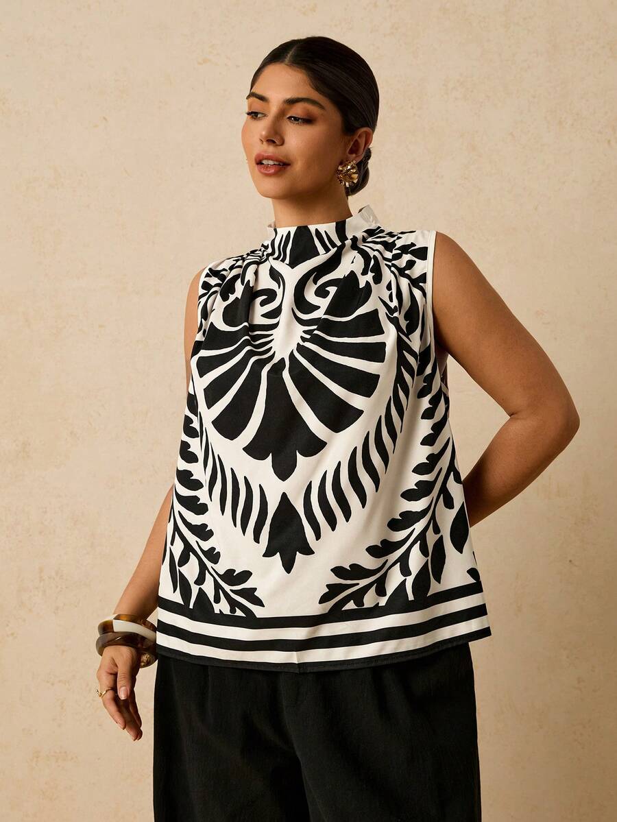 Travachic 复古印花休闲宽松无袖女式上衣 - 杏色 - 查看 1