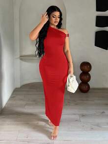 SHEIN SXY Váy thanh lịch cổ lệch màu nâu dành cho nữ - Đỏ - Xem 3