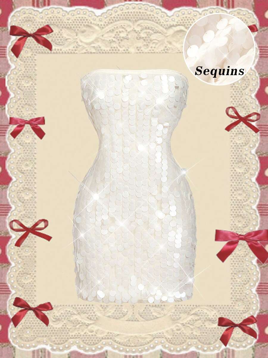 SHEIN MOD Vestido mini de mujer de unicolor con lentejuelas brillantes, vestido de invierno, vestido de Navidad, vestido de lentejuelas, vestido de fiesta, vestido de Año Nuevo, vestido de graduación, vestidos elegantes para mujer, vestido de noche de lujo para mujer, vestido blanco de Año Nuevo - Albaricoque - Ver 1