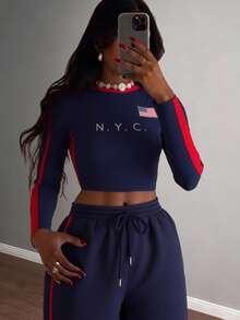 Slaydiva 2025 Automne et Hiver Nouveau Ensemble Deux Pièces Casual Slim Fit Bleu Marine et Rouge Ruban Motif Lettre Col Rond Manches Longues T-Shirt + Pantalon Fuselé à Taille Haute et Jambes Larges Plissé. Convient pour la rentrée scolaire, les tenues de rave, Halloween, Noël, sortie, tenue d'anniversaire, brunch pour femmes, soirée, tenues quotidiennes, tenues de club sexy pour femmes, rendez-vous - bleu indigo - Voir 4