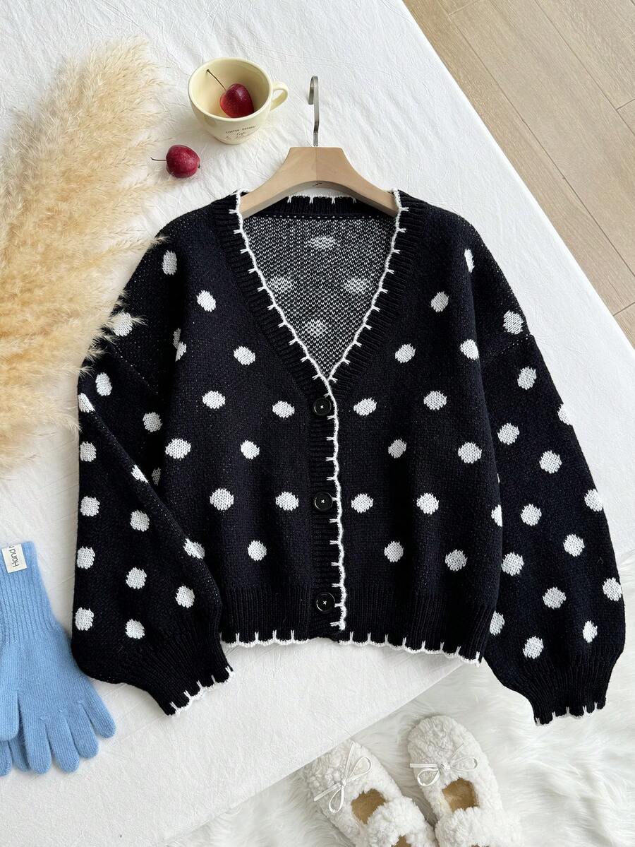 Comfortcana 甜美波点提花V领针织开衫 - 黑與白 - 查看 1