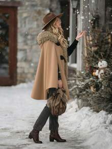 EMERY ROSE Solid Color Hooded Fur Collar Patchwork Duffle Coat, Elegant Women Overcoat - Khaki - View 5