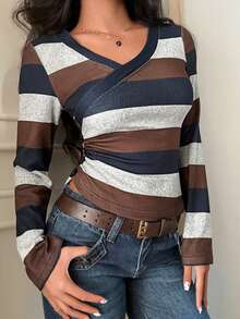 EMERY ROSE 女士休闲优雅棕色、蓝色和灰色条纹V领长袖侧边纽扣装饰褶皱衬衫，适合秋季上学和居家穿着，也适合日常穿着/上学/度假。 - 灰色 - 查看 7