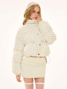 ROMWE Kawaii Sweet Polka Dot Mandarin Collar Padded Coat - White - View 6