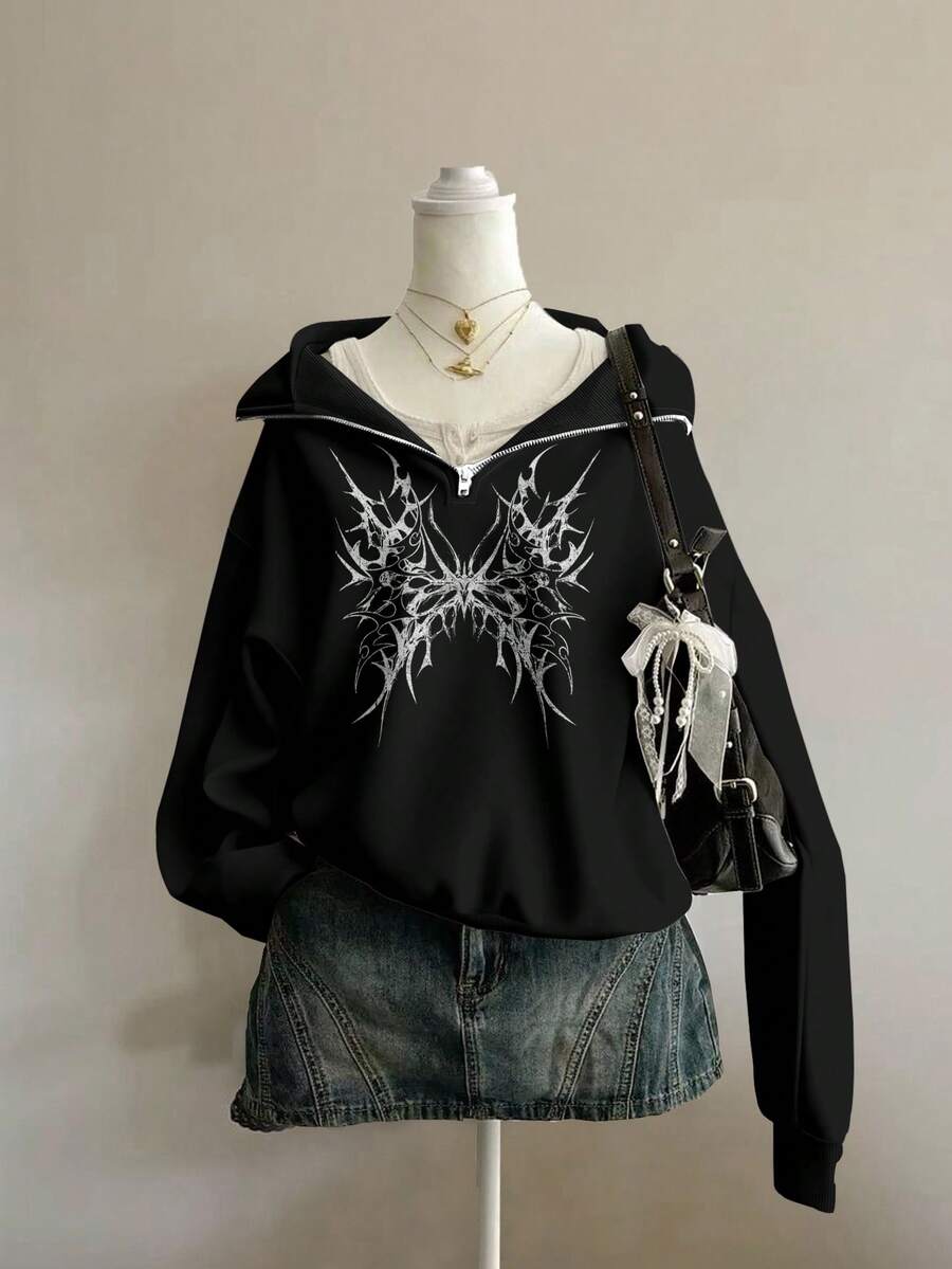 Attitoon 女士印花宽松半拉链高领轻薄套头卫衣，秋冬款 - 黑色 - 查看 1