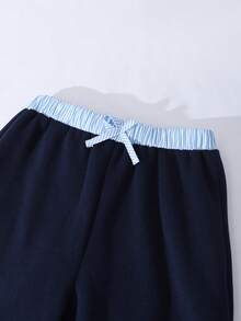 SHEIN ChillGRL 2pcs/Set Tween Girls Romweezy Loose Casual Splice Contrast Color 2 In 1 Collared Shirt Style V-Neck Cropped Sweatshirt Paired With Loose Casual Wide Leg Contrast Color Splice Pants Set, Suitable For Daily, Commute, Casual, Vacation, Gathering, Street Snap, Autumn/Winter - Navy Blue - View 7