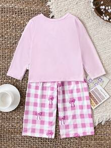 SHEIN 2pcs Baby Girl Infant Toddler Newborn 0-3 Years Old Spring/Summer Casual Daily Versatile Bow Knit Long Sleeve Top + Pants Set, Baby Spring/Summer Outfit - Purple - View 2