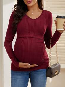 SHEIN Ribbed Knit Solid Fitted Nursing Long Sleeve T-Shirt, Autumn/Winter - Burgundy - View 7